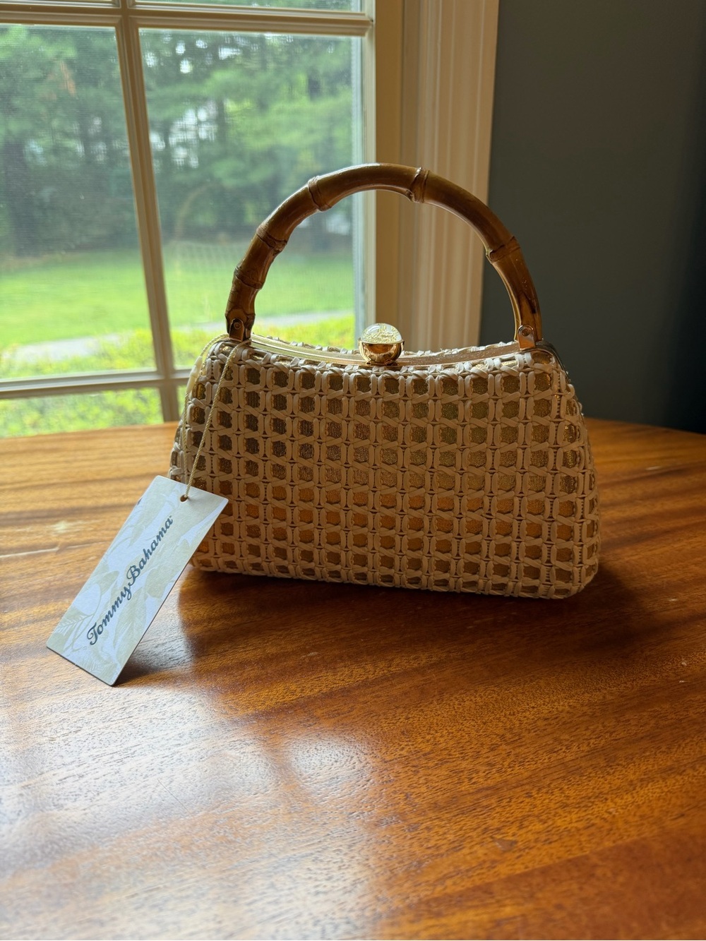 Tommy Bahama Cream Woven Mini Bag with Bamboo Handle - Picture 5 of 5